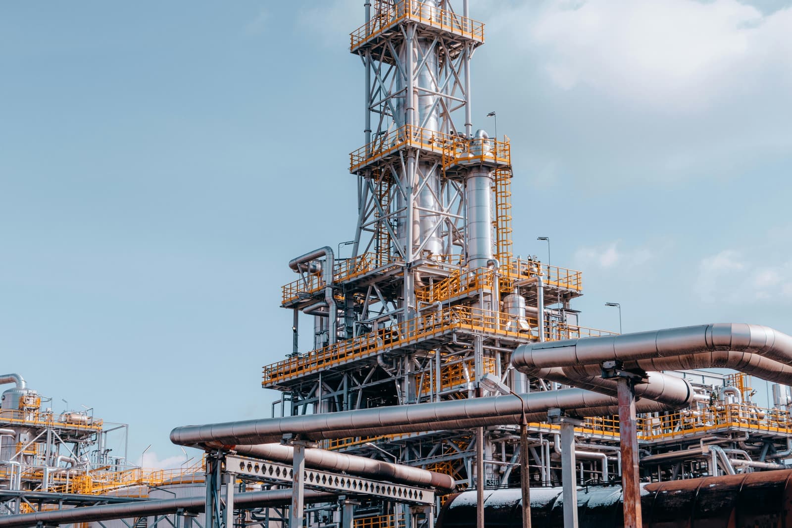 Tour de distillation industrielle avec réseau de tuyauterie